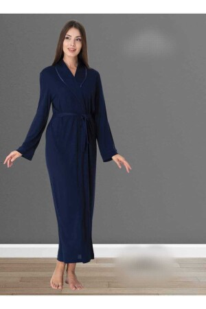 Women's Navy Blue Design Cotton Long Belted Dressing Gown - Lohussa