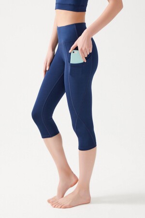 Women's Navy Blue High Waist Smoothing Double Pocket Below Knee Capri Leggings Capri - Los Ojos
