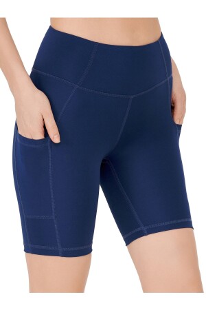 Women's Navy Blue High Waist Smoothing Double Pocket Biker Shorts Short Sports Tights - Los Ojos