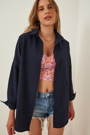 Women's Navy Blue Oversize Long Basic Shirt 3900 DD00842 - Happiness İstanbul