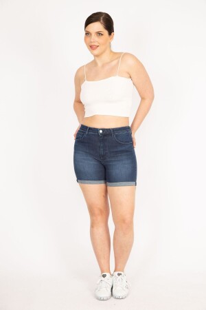Women's Navy Blue Plus Size 5 Pocket Skinny Denim Shorts 65n36136 - Şans