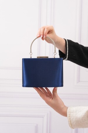 Women's Navy Blue Satin Evening Dress Clutch Portfolio Bag - Roza Canta