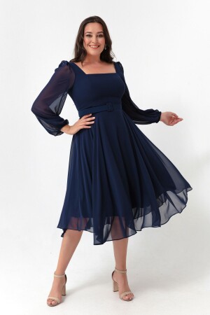 Women's Navy Blue Square Collar Belted Midi Chiffon Plus Size Evening Dress - Lafaba