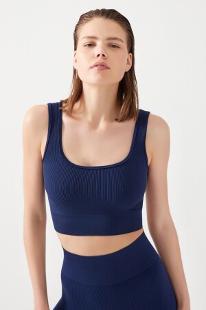 Women's Navy Blue Strappy Ribbed Square Neck Crop Top Bustier Square - Los Ojos
