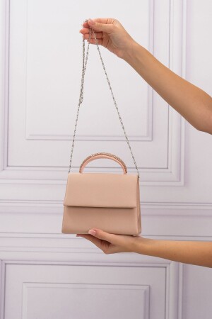 Women's Nude Satin Evening Dress Shoulder Bag with Stone Holding Detail - Roza Canta
