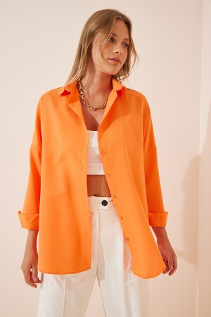 Women's Orange Oversize Long Basic Shirt DD00842 - Happiness İstanbul