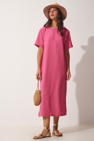 Women's Pink Loose Long Daily Summer Knitted Dress DZ00076 - Happiness İstanbul