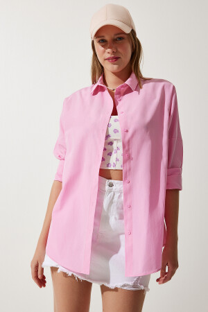 Women's Pink Oversize Long Basic Shirt DD00842 - Happiness İstanbul