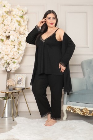 Women's Plus Size Black Triple Pajama Set with Robe - Xl Modam