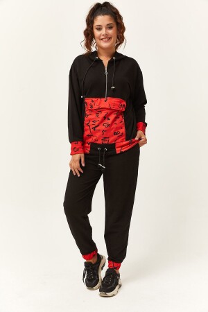 Women's Plus Size Red Kangaroo Pocket Detailed Black Tracksuit Set - Ebsumu