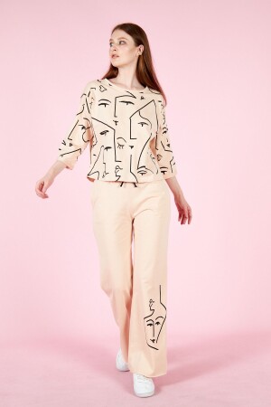 Women's Printed Compact Cotton Trousers Suit Summer Pocket Half Sleeve 23066 Beige - Ponçik