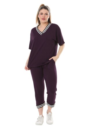 Women's Purple V-Neck Stripe Detailed Short Sleeve Capri Suit with Elastic Waist - Melsay