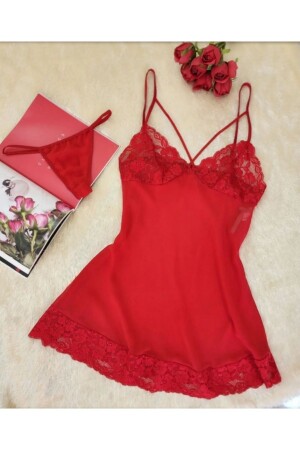 Women's red strappy lace nightgown - Nida Iç Giyim