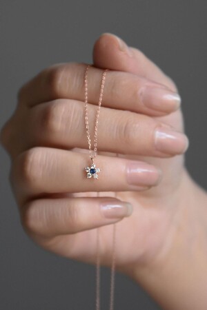 Women's Rose Plated Minimal Navy Blue Stone Flower Model 925 Sterling Silver Necklace PP4024 - Elika Silver