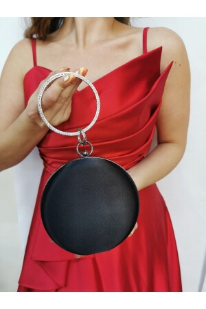 Women's Satin Black Round Evening Dress Clutch Portfolio Bag 5259 - NAZART