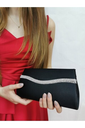 Women's Satin Black Stone Evening Dress Clutch Portfolio Handbag Wedding Engagement Bag - Nazart