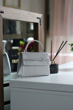 Women's Satin Silver Stone Stripe Detailed Evening Dress Shoulder Bag - Moom Bag