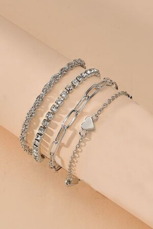 Women's Set of 4 Heart Detailed Silver Color Combination Bracelets - C&E Design