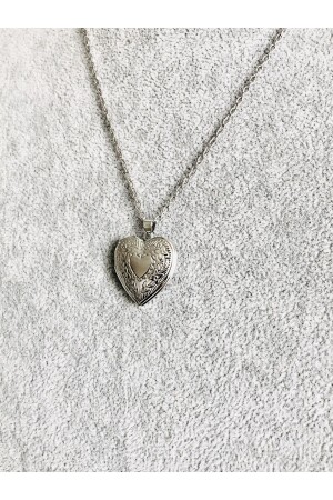 Women's Silver Color Heart Patterned Heart Necklace with Openable Cap and Picture - Açıkmeşe Ev Yaşam Ürünleri
