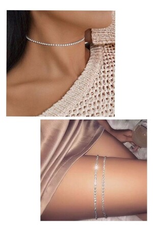 Women's Silver Color Stone Collar Necklace and Double Leg Accessory Set - Irva Collection