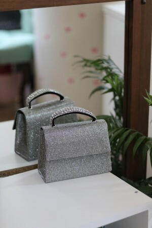 Women's Silvery Platinum Evening Dress Shoulder Bag with Stone Holding Detail - Moom Bag