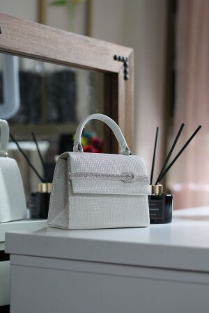 Women's Silvery White Stone Stripe Detailed Evening Dress Shoulder Bag - Moom Bag