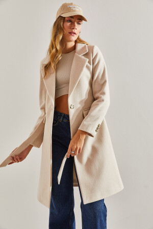 Women's Single Button Belted Lined Cashew Coat L - Bianco Lucci