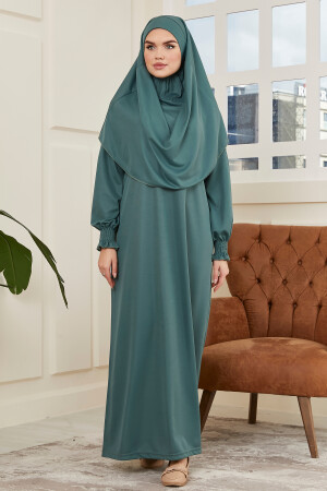 Women's Sleeve Detailed Prayer Dress, One Piece, with Self-Scarf - Avver