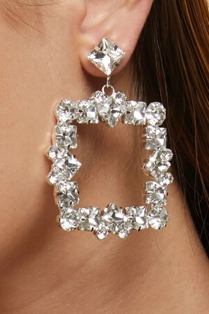 Women's Square Pendant Model Silver Zircon Stone Diamond Evening Dress Wedding Engagement Bridal Earrings FR133 Diamond Zircon Stone Earrings - Furtek Aksesuar