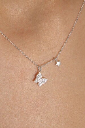 Women's Star Detailed Butterfly Model 925 Sterling Silver Necklace ELKSLVR7432 - Elika Silver