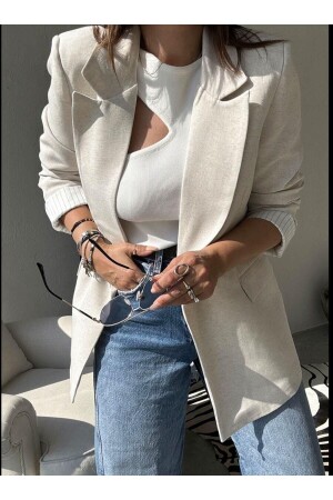 Women's Stone Color Striped Lined Linen Jacket - Letizia Byece