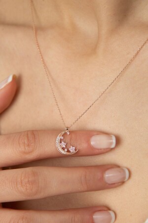 Women's Stoned Crescent and Star Model 925 Sterling Silver Necklace - Elika Silver