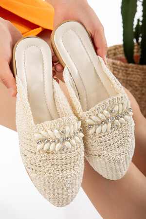 Women's Straw Slippers Closed Front Knit Lace Stone Detailed Stylish Summer Home Beach Holiday Slippers - Slipcat