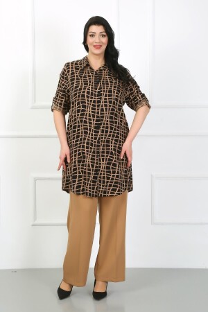 Women's Tan Striped Cotton Viscose Plus Size Tunic - By Alba Collection