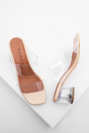 Women's Transparent Striped Transparent Heeled Slippers Yesva Beige 320648708 - Marjin