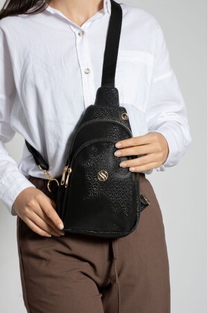 Women's Waist and Chest Bag Bodybag Gold Accessory Black Satin Fabric Mosaic Pattern with Headphone Outlet - Sanmorris