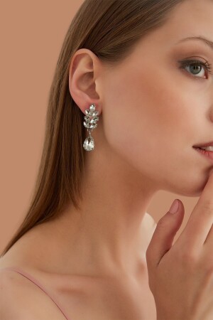 Women's White Clara Leaf Diamond Crystal Stone Model Silver Hanging Daily Evening Dress Wedding Earrings FR425 Leaf Figure Stone Crystal Earrings - Furtek Aksesuar