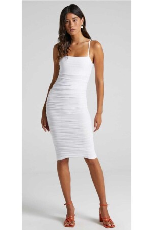Women's White Drawstring Gathered Strap Midi Dress - By Eymen Design