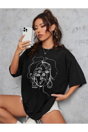Women's White Face Print Detailed Oversize T-shirt - Modern Moda