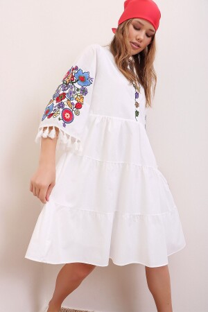 Women's White Full Collar Embroidered Tassel Detailed Inside Lined Poplin Dress ALC-X6915 - Trend Alaçatı Stili