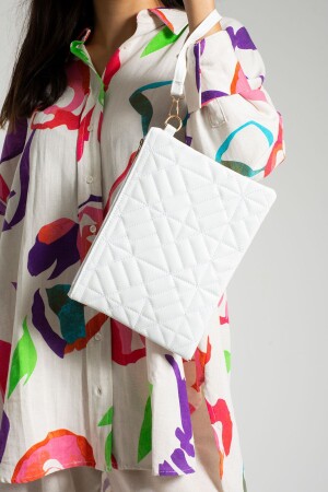 Women's White Geometric Patterned Portfolio Clutch Handbag 25x19 Cm - Bagfoni