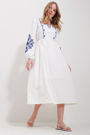 Women's White V-Neck Lined Linen Embroidered Midi Dress ALC-X11569 - Trend Alaçatı Stili