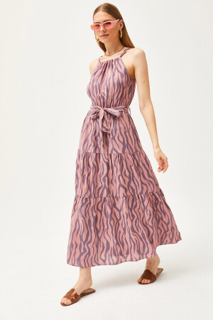Women's Zebra Dusty Rose Halter Collar Belted Woven Viscon Dress ELB-19001548 - Olalook