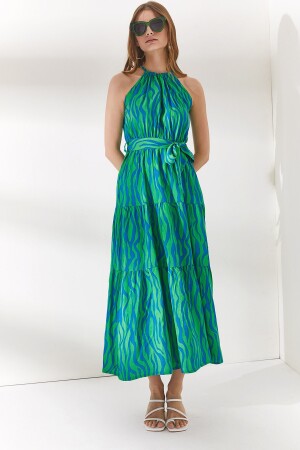 Women's Zebra Green Halter Collar Belted Woven Viscon Dress ELB-19001548 - Olalook