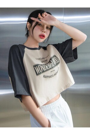 Wonderful Mood Single Jersey Crop T-Shirt - Beige White Printed Oversize Crew Neck T-Shirt - Sweetline