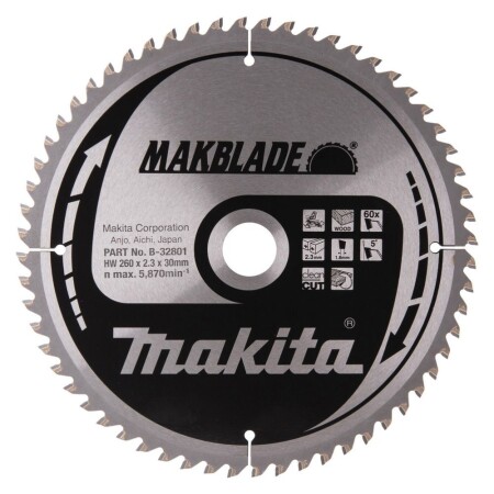 Wood cutting disc MAKITA 260x2.3x30mm 60T 5° - Makita Accessories