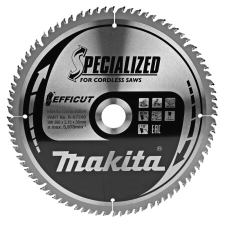 Wood cutting disc MAKITA Efficut 260x30x2.15mm 80T 10° - Makita Accessories