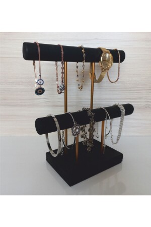 Wood - Gold Plated Steel Jewelry Stand Jewelry Organizer Jewelry Organizer 2 Tier Black Color SBKSBLACK-2Kx001 - Tiydem