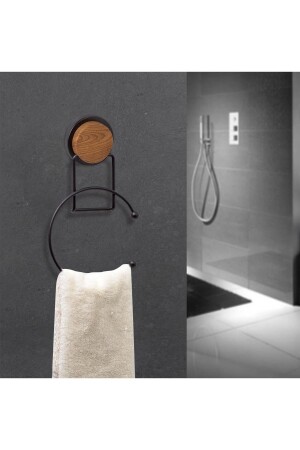 Wood Patterned Magic Fix Magic Sticky Black Round Towel Holder MGS-707W - Okyanus Home