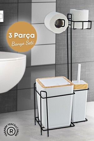 Wood Patterned Metal Stand Replacement WC Paper Holder Bathroom Set White 3 Pieces Shower Washcloth Gift GM00341 - GRİMOR Life